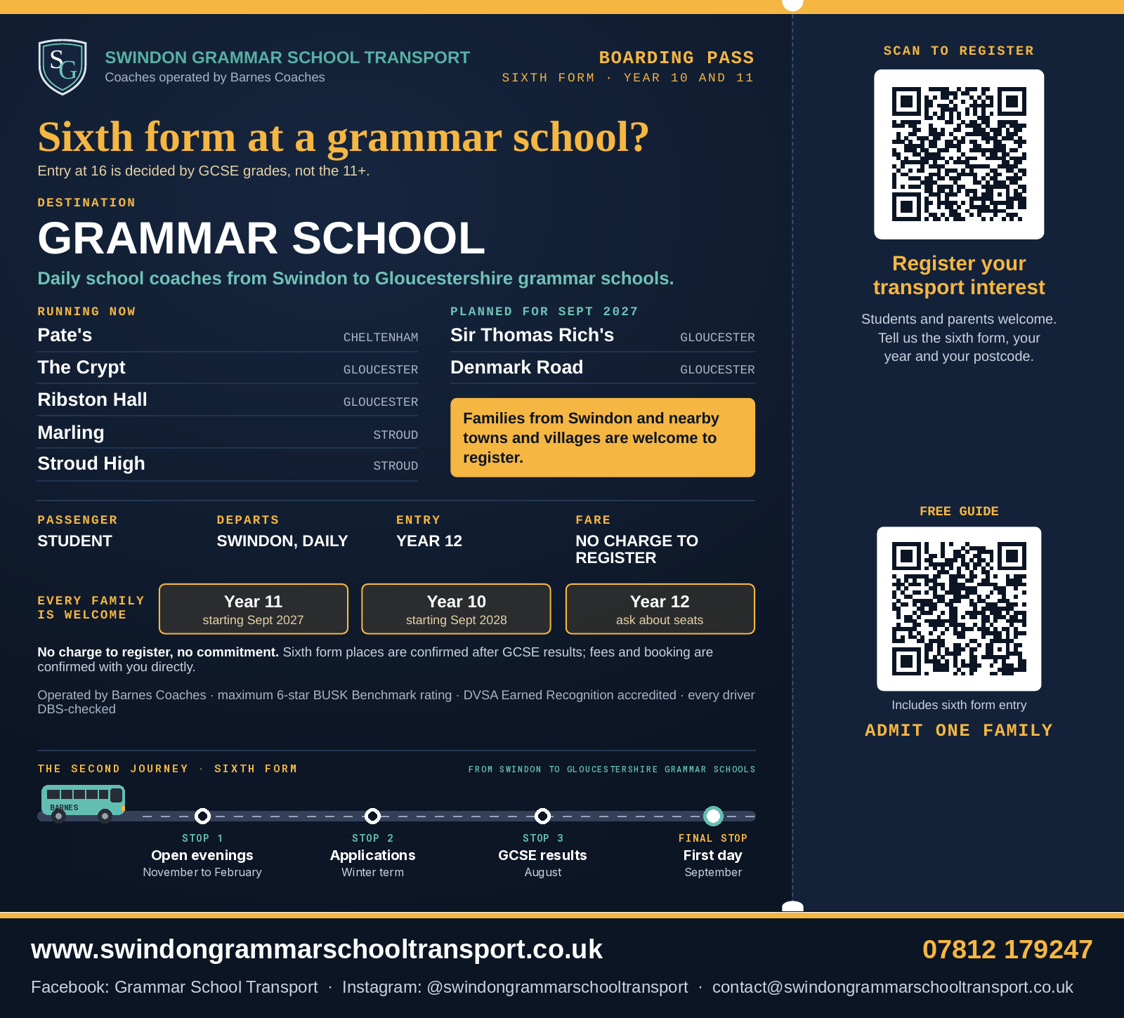SGST sixth-form poster: sixth form at a grammar school, entry at 16 based on GCSE grades, and how to register transport interest.